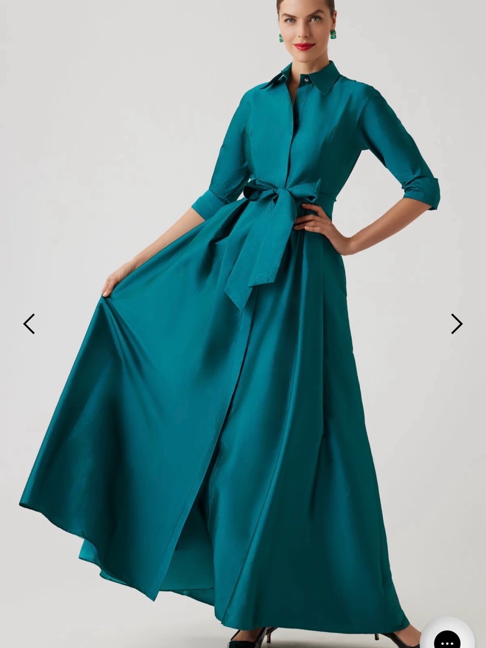 Teri Jon Teal Maxi Shirt Dress with Waist Tie